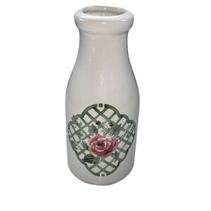 Pfaltzgraff Garden Trellis Milk Bottle Vase 8" Floral Rose Ceramic Cottage Core